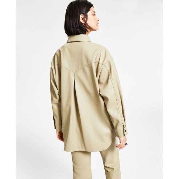 LNA Clothing Womens Beige Faux Leather Lined Collared Snap Closure Button down - Picture 3 of 3